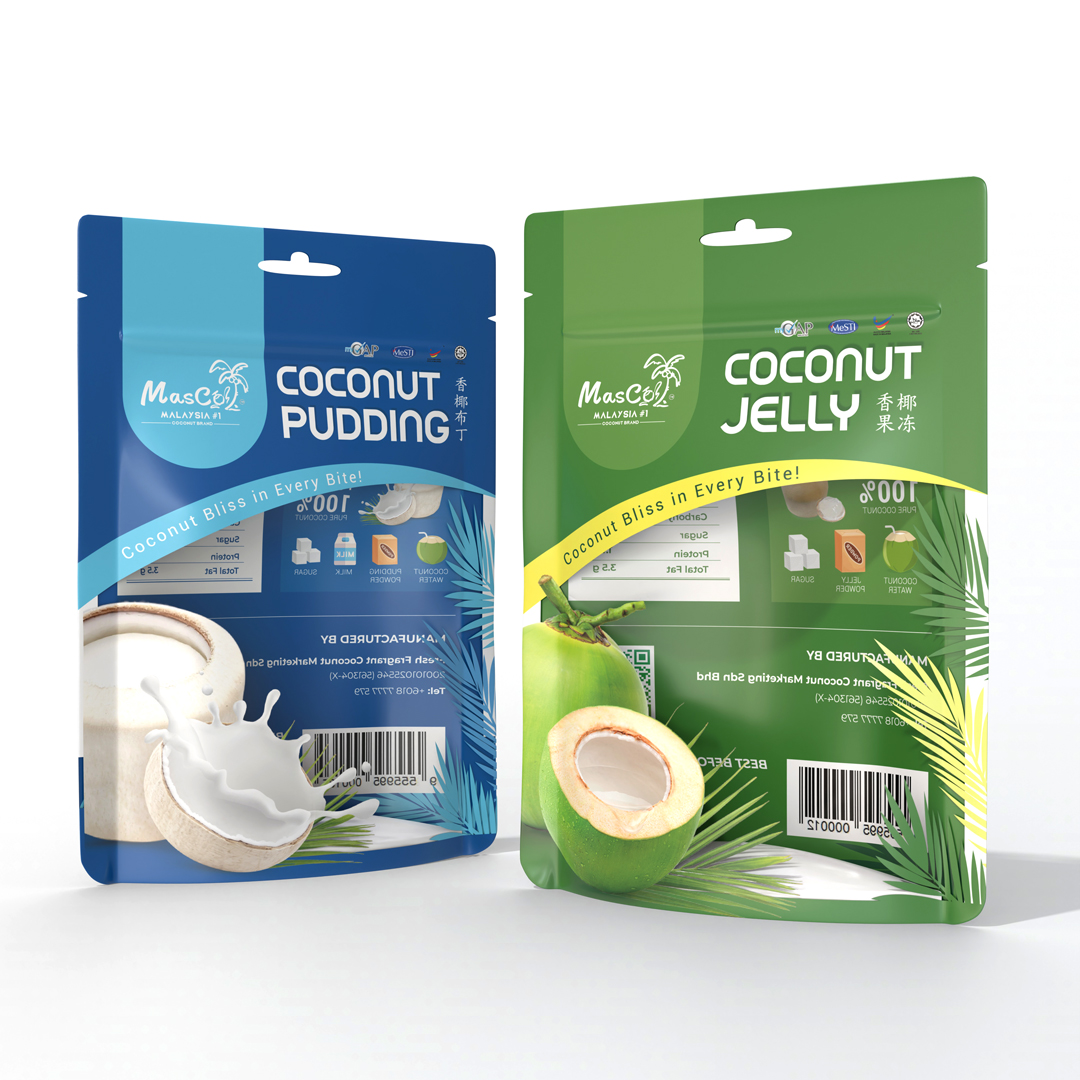 Green colour coconut jelly packaging , blue colour coconut pudding packaging