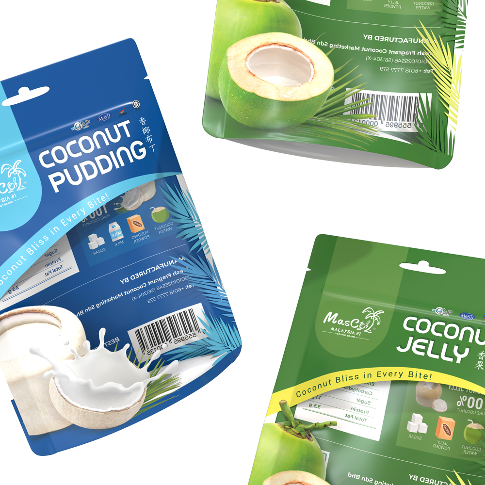 Green colour coconut jelly packaging , blue colour coconut pudding packaging